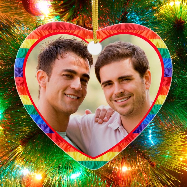 LGBTQ custom photo gay rainbow flag heart shape Ceramic Ornament (Creator Uploaded)