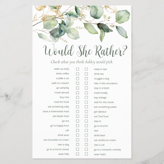 LGBTQ Eucalyptus Bridal Shower Games Flyer (Front)