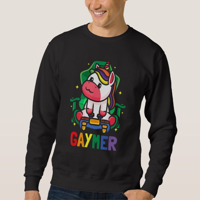 LGBTQ Gaming Lesbian Gamer Gaymer Unicorn Rainbow Sweatshirt (Front)