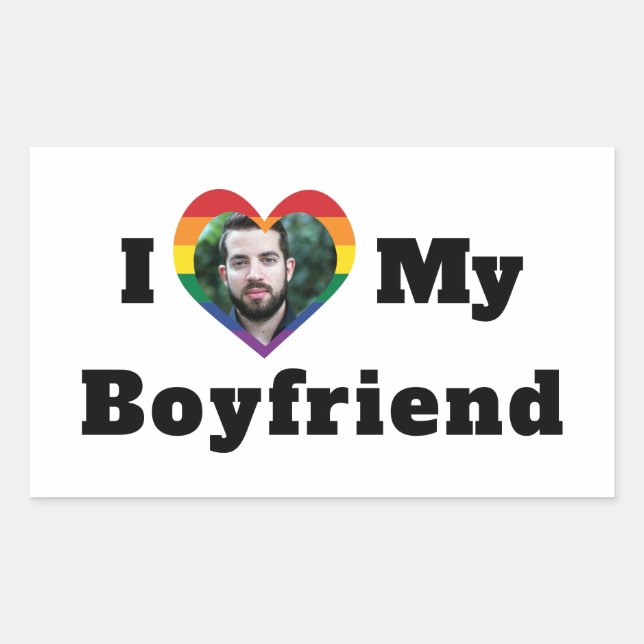 LGBTQ Gay Pride Custom Photo I Love My Boyfriend Rectangular Sticker (Front)