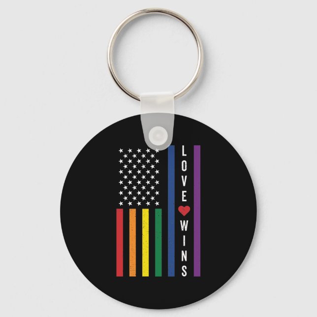 LGBTQ Gay Pride Love Wins USA American Flag Key Ring (Front)