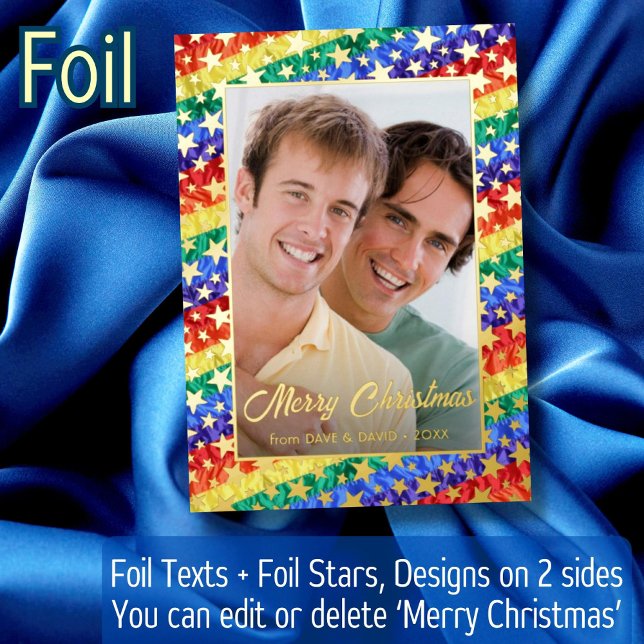 LGBTQ Gay Rainbow Flag Stars Merry Christmas Photo Foil Holiday Card (Creator Uploaded)