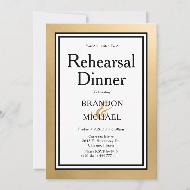 LGBTQ Gold Modern Rehearsal Dinner Invitation (Front)