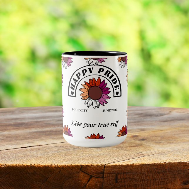 LGBTQ Happy Pride: Sunflower in Lesbian Flag Colou Two-Tone Coffee Mug (Creator Uploaded)