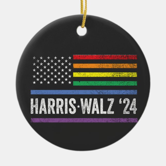 LGBTQ Harris Walz American Flag Election 2024 Ceramic Ornament (Front)