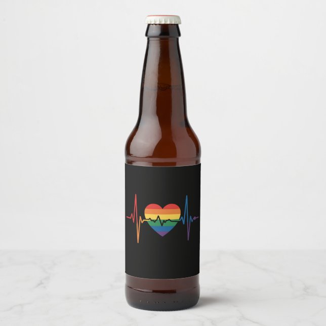 LGBTQ Heartbeats Heart Pride Gay Lesbian Trans Bi Beer Bottle Label (Front)
