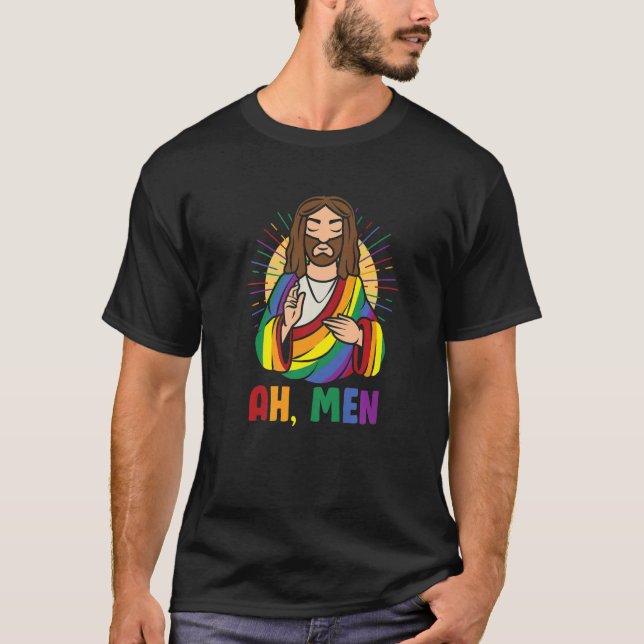 LGBTQ Jesus Gay Men Christ Rainbow Ah Men T-Shirt (Front)