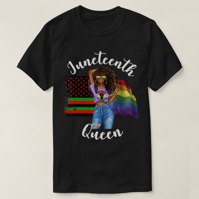 LGBTQ Juneteenth Queen Gay Pride Flag BLM Afro Hai T-Shirt (Design Front)