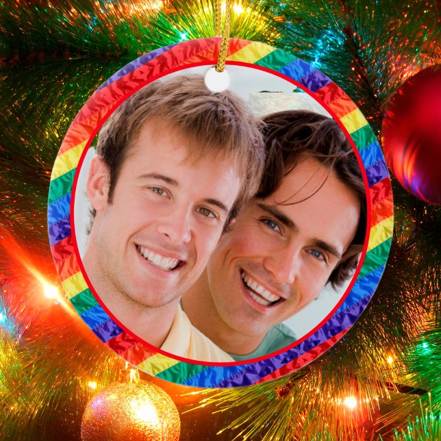LGBTQ LGBT custom photo gay rainbow flag frame Ceramic Ornament (Creator Uploaded)
