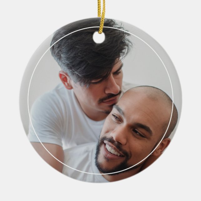 LGBTQ Male Couple Gay Olde Christmas Photo Ceramic Ornament (Front)