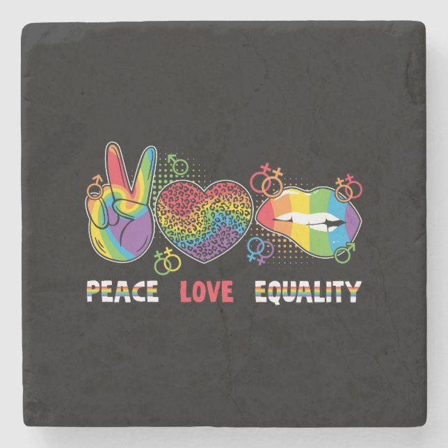 LGBTQ - Peace, Love, Equality - Rainbow Colours Stone Coaster (Front)