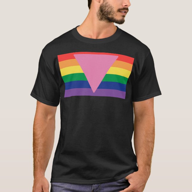 LGBTQ+ Pink Triangle on Pride Flag T-Shirt (Front)