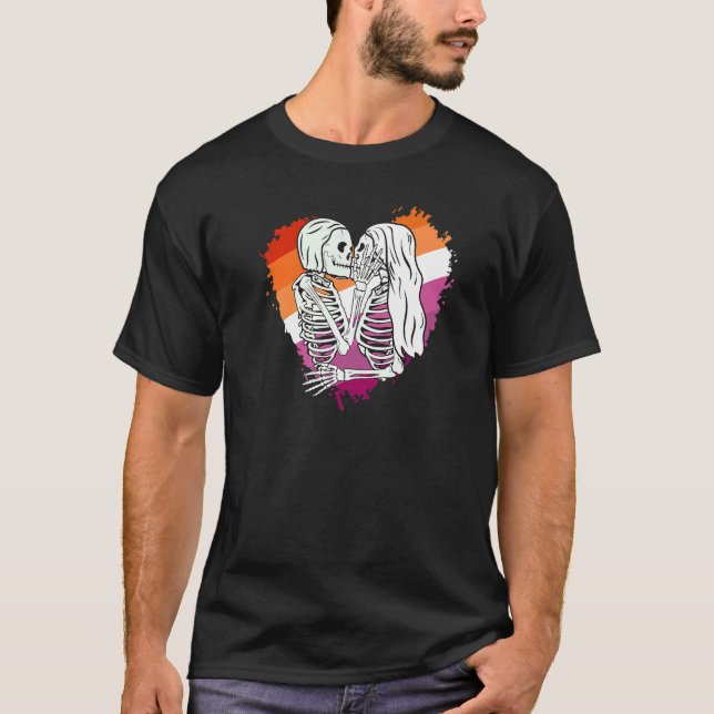 LGBTQ Pride flag skeletons kissing a Lesbian skele T-Shirt (Front)