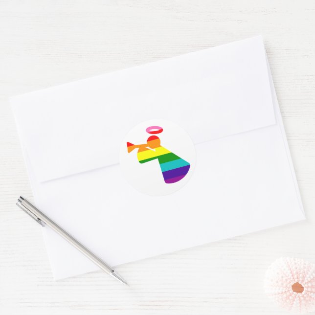 LGBTQ Pride Rainbow Christmas Trumpet Angel Classic Round Sticker (Envelope)