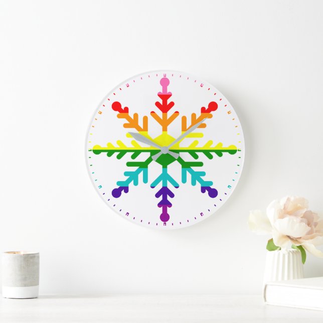 LGBTQ Pride Rainbow Colourful Christmas Snowflake  Large Clock (Home)