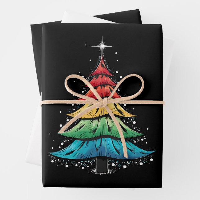 LGBTQ Pride Rainbow Flag Gay Christmas Tree Gifts Wrapping Paper Sheet (In situ)