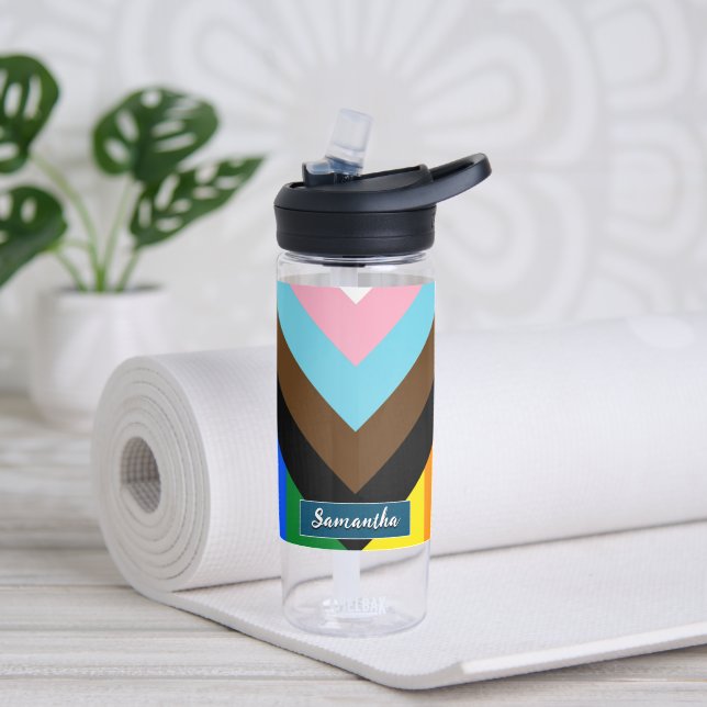 LGBTQ & Pride - Rainbow Progress Flag, Custom Name Water Bottle (Yoga)