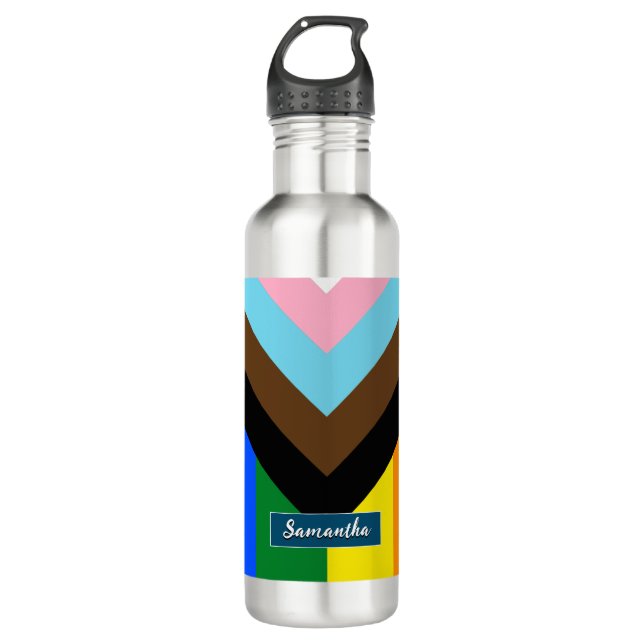 LGBTQ & Pride - Rainbow Progress Flag, Personalise 710 Ml Water Bottle (Front)