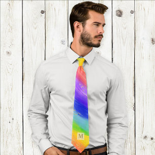 LGBTQ Pride Watercolor Rainbow Gold Monogram Tie