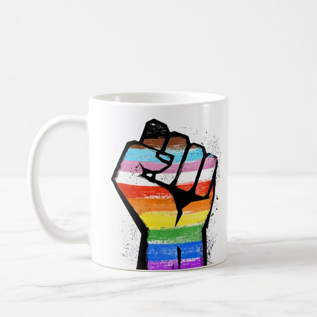 LGBTQ PROGRESS PRIDE FIST COFFEE MUG (Left)