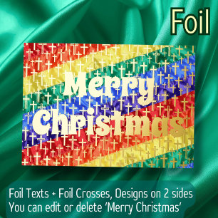 LGBTQ rainbow flag & cross Merry Christmas elegant Foil Holiday Card
