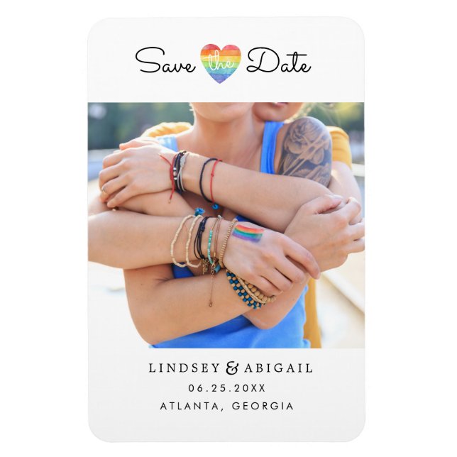 LGBTQ Rainbow Heart Save the Date with Photo Magnet (Vertical)