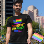 LGBTQ Rights Rainbow American Flag Gay Pride T-Shirt<br><div class="desc">LGBTQ Rights Rainbow Pride American Flag design that reads With Liberty and Justice for All. The LGBTQ community deserves equality. Uphold our constitution and demand equal rights for every person who identifies as gay, bisexual, pansexual, queer, and transgender. Be an ally and support your friends with political activism in the...</div>
