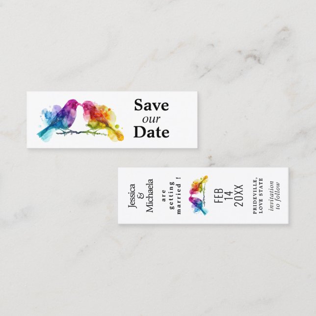 LGBTQ+ save the date 🌈budget Rainbow Lovebirds  Calling Card (Front/Back)