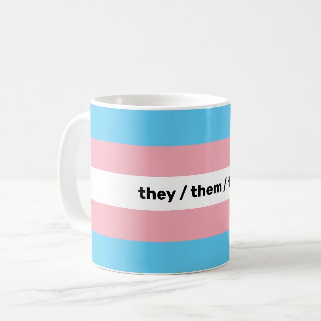 LGBTQI+ Transgender Pride Flag with pronouns Coffee Mug (Front Left)