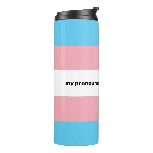 LGBTQI+ Transgender Pride Flag with pronouns Thermal Tumbler (Rotated Left)