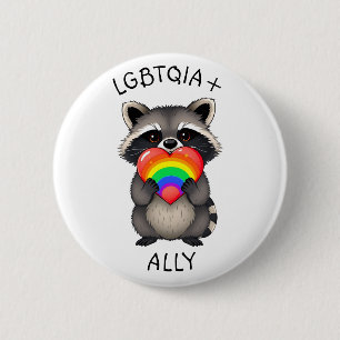LGBTQIA+ Ally   Racoon with Rainbow Heart 6 Cm Round Badge