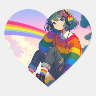 LGBTQIA+ Anime Girl Lesbian Pride  Heart Sticker