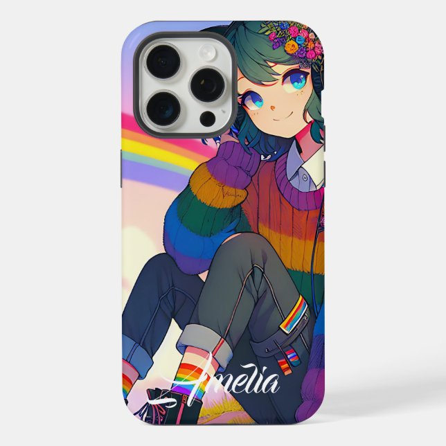 LGBTQIA+ Anime Girl Lesbian Pride Personalised iPhone Case (Back)