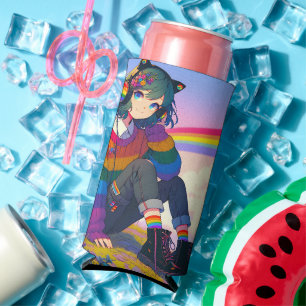 LGBTQIA+ Anime Girl Lesbian Pride Personalised Seltzer Can Cooler
