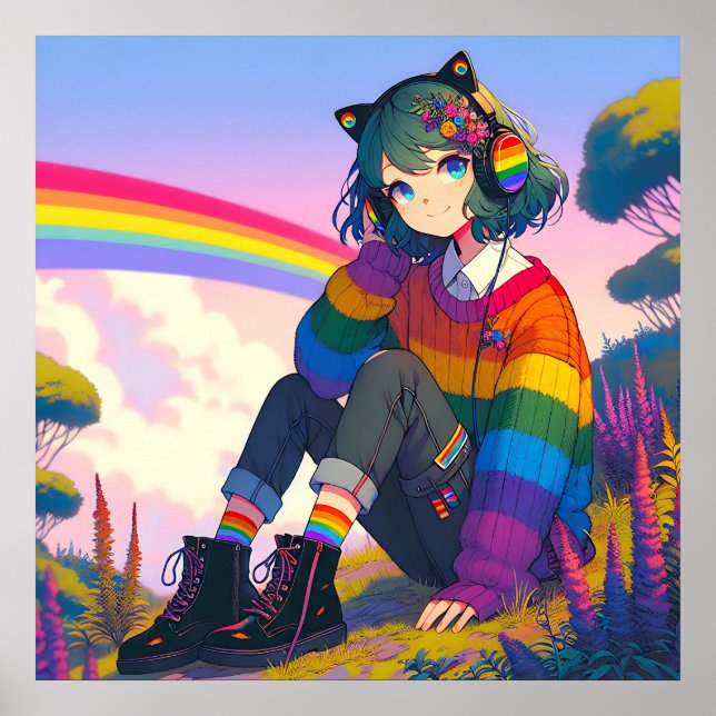 LGBTQIA+ Anime Girl Lesbian Pride  Poster (Front)