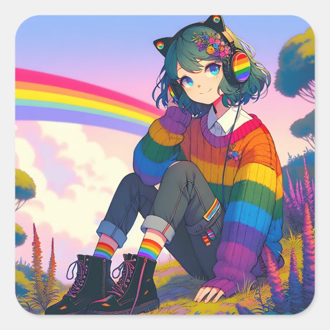 LGBTQIA+ Anime Girl Lesbian Pride  Square Sticker (Front)