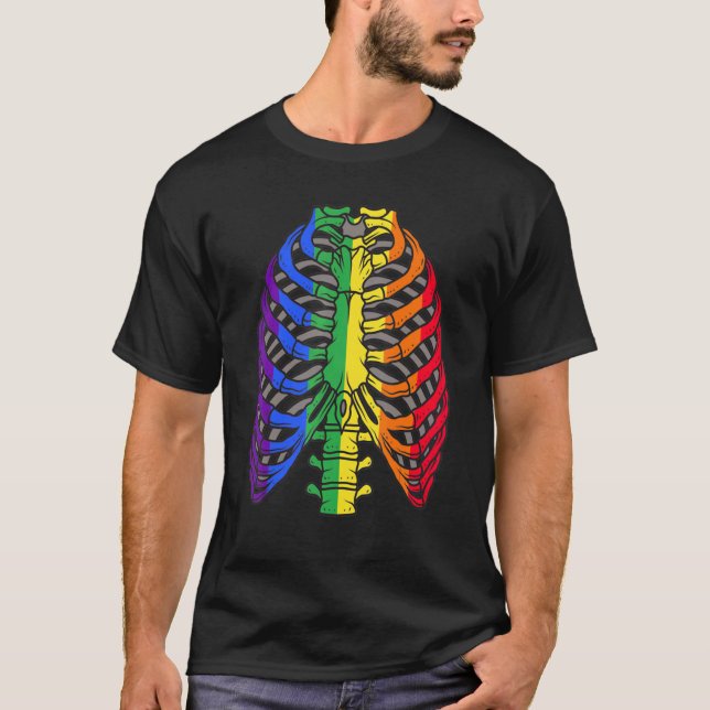 Lgtb Halloween Gay Flag Ribcage Skeleton Pride Awa T-Shirt (Front)