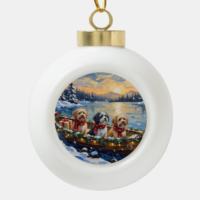 Lhasa Apso Christmas Boat Holiday Ceramic Ball Christmas Ornament (Front)