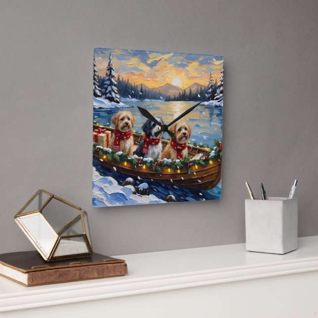 Lhasa Apso Christmas Boat Holiday Square Wall Clock (Office)