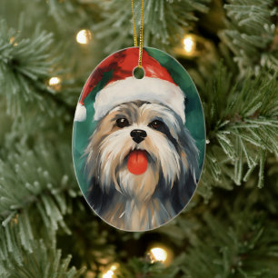 Lhasa Apso Christmas brush painting artwork Ceramic Ornament