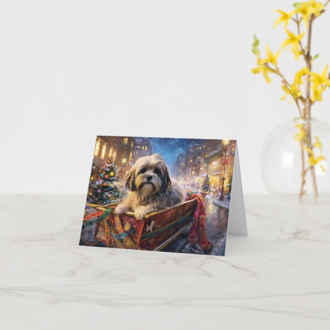Lhasa Apso Christmas Festive Season  Card (Yellow Flower)