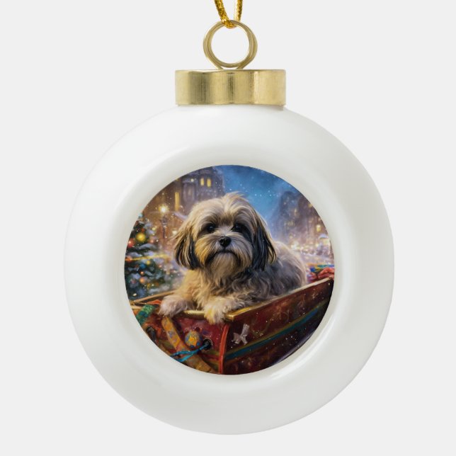 Lhasa Apso Christmas Festive Season  Ceramic Ball Christmas Ornament (Front)