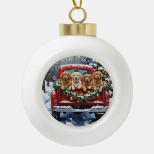 Lhasa Apso Christmas Red Truck Holiday Ceramic Ball Christmas Ornament