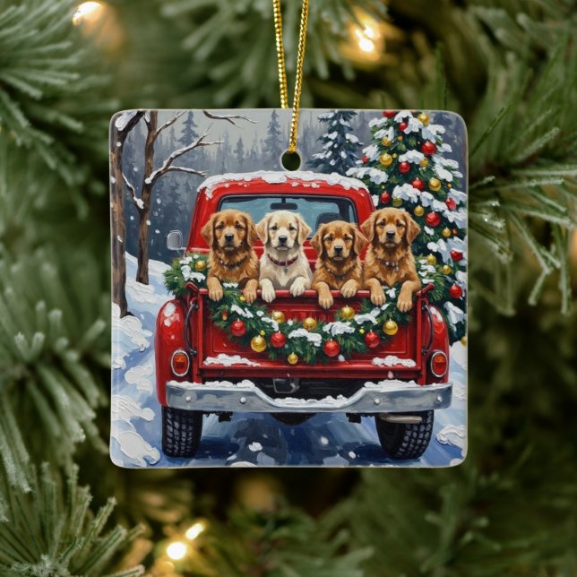 Lhasa Apso Christmas Red Truck Holiday Ceramic Ornament (Tree)