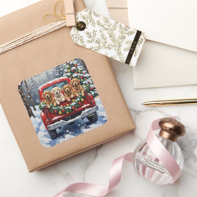 Lhasa Apso Christmas Red Truck Holiday Square Sticker (Gifting)