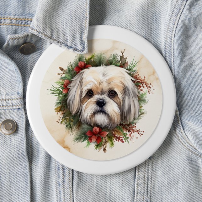 Lhasa Apso Christmas Wreath Festive Pup  6 Cm Round Badge (In Situ)