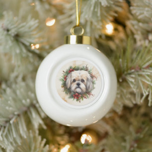 Lhasa Apso Christmas Wreath Festive Pup  Ceramic Ball Christmas Ornament