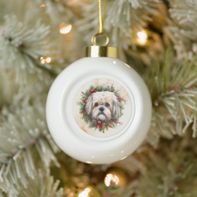 Lhasa Apso Christmas Wreath Festive Pup  Ceramic Ball Christmas Ornament (Tree)