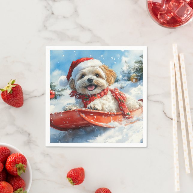 Lhasa Apso Dog in Sledge Let it Snow Christmas Napkin (Insitu)