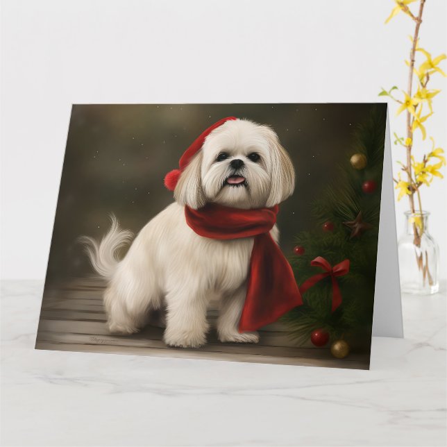 Lhasa Apso Dog in Snow Christmas Card (Yellow Flower)